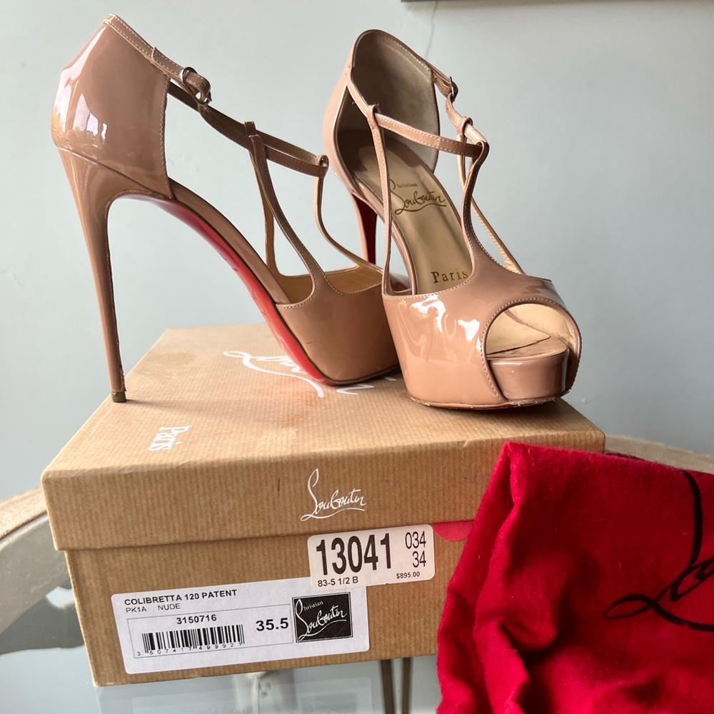 Christian Louboutin Colibrettа 120 Nude Patent T Strap Heels 35.5